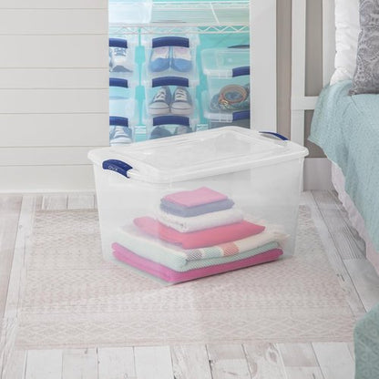 Large Clear Plastic Storage Bins - 66 Quart Stackable Containers with Blue Latch | 2 Pack for Home & Office Organization