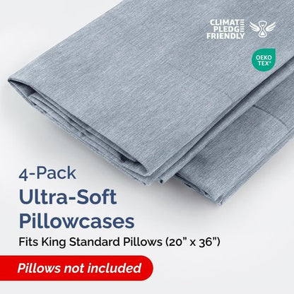 King Standard Pillow Cases - Soft Hotel Quality Covers for Comfy Bedding | Set of 4 - Heathered Blue