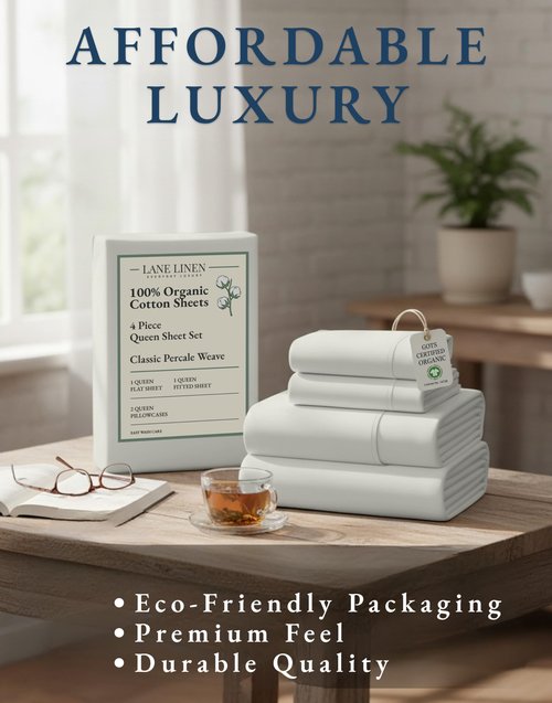 LANE LINEN 100% Organic Cotton Queen Sheet Set, 4Pc Cotton Sheets Queen Size Bed Set, Soft Percale Weave, Deep Pocket Queen Sheets, Hotel-Quality Bed Sheets Queen Size - Glacier Grey