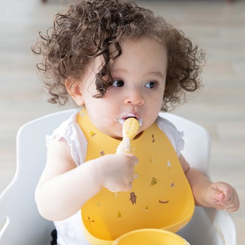 Bumkins Baby Utensil Set, Silicone Trainer Spoons for Dipping, Soft Tip, Self-Feeding, Chew, Baby Led Weaning, First Year Training Supplies, Essentials in Learning Eating, 4 Mos, 3-pk Red and Yellow