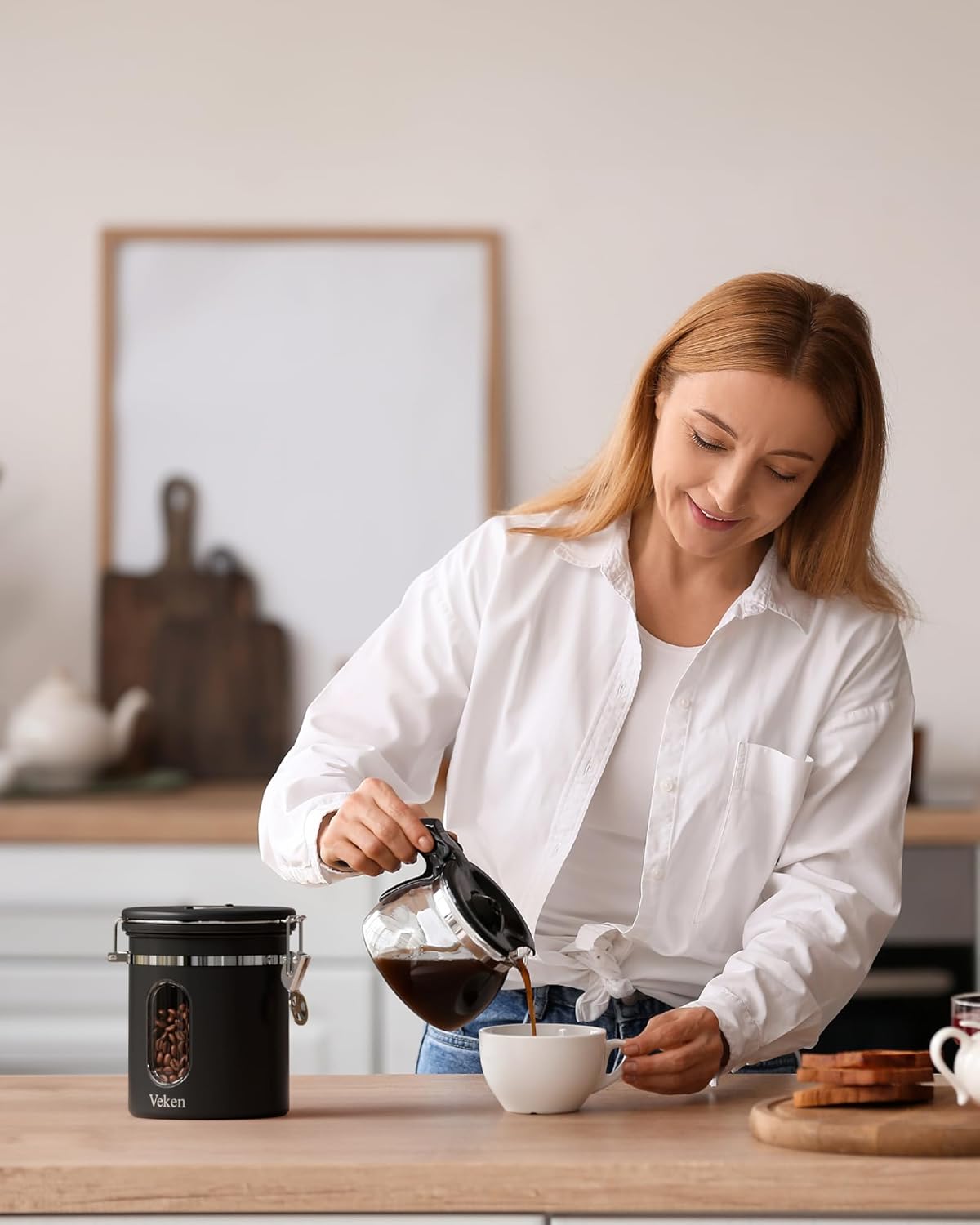 Veken Coffee Canister - Airtight Stainless Steel Storage with Window & Date Tracker | 16oz Black