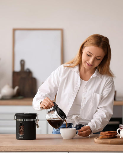 Veken Coffee Canister - Airtight Stainless Steel Storage Container with Window & Date Tracker | 16oz, Black