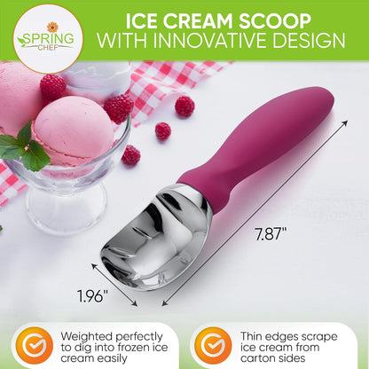Spring Chef Heavy Duty Ice Cream Scoop - Non-Slip Handle for Gelato, Sorbet & Sundae - Magenta