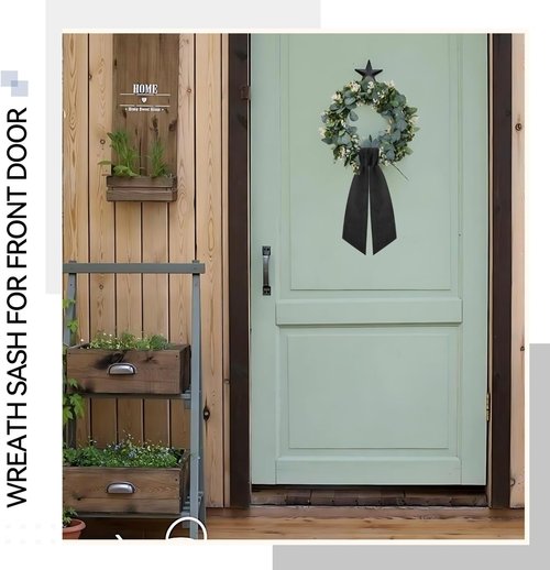 Black Wreath Sash by [Brand Name] - Elegant Linen Ribbon Bow for Front Door & Porch Decor
