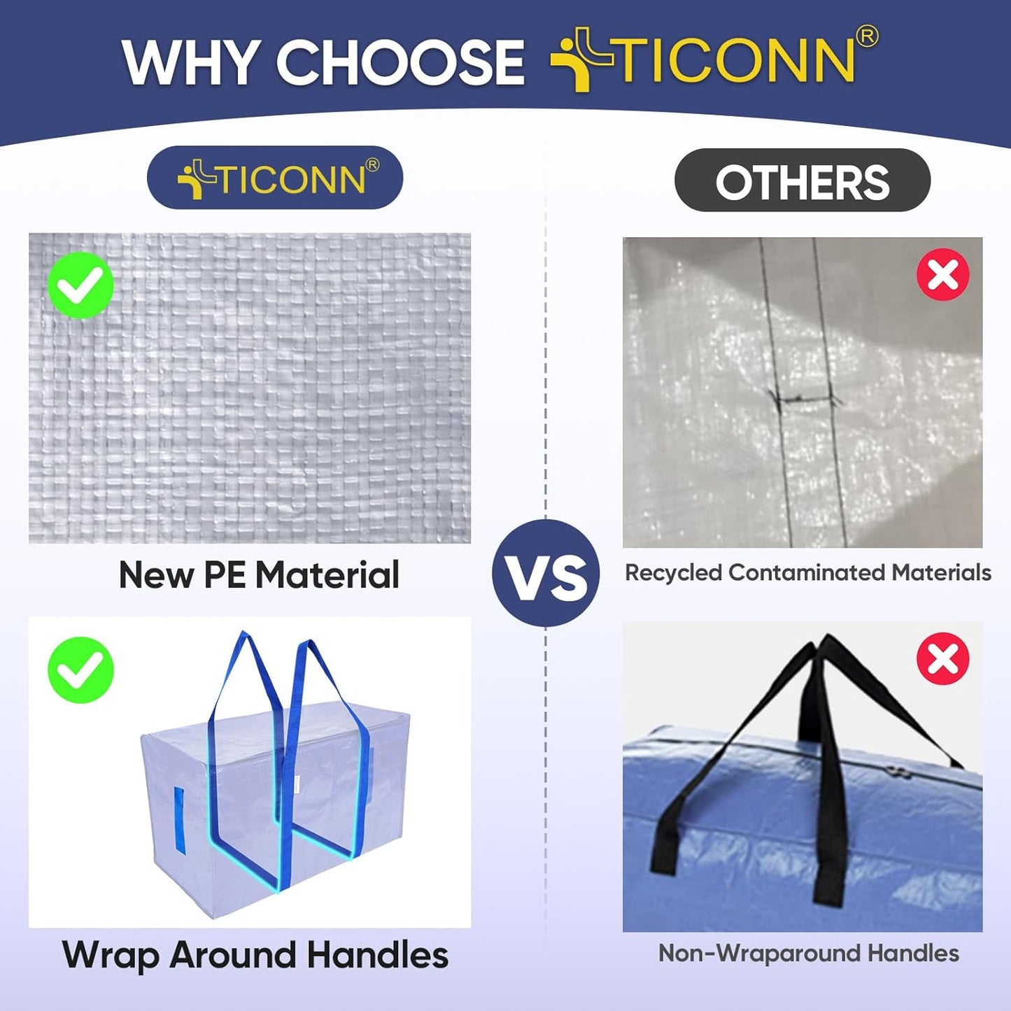 TICONN Extra Large Heavy-Duty Moving Bags - Durable Storage with Zippers & Handles | 4 Pack, Blue
