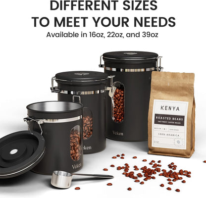 Veken Coffee Canister - Airtight Stainless Steel Storage Container with Window | 39oz, Black, Holds 2.2lbs