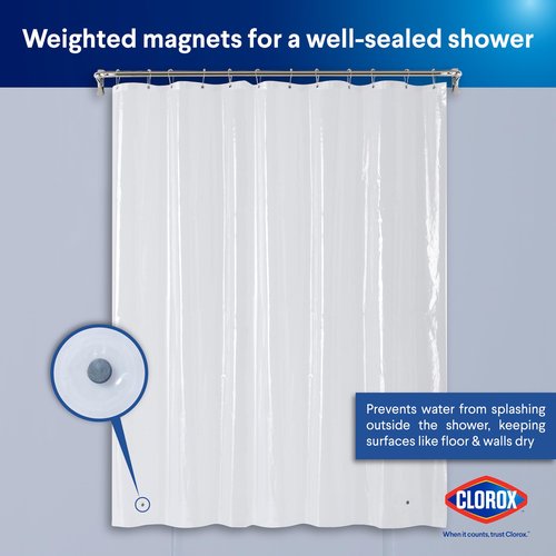 Clorox Shower Curtain Liner, Premium Lightweight Durable Waterproof 4g PEVA for Bathroom with Weighted Magnets, Standard Size 70" x 72", Clear 2 Pack