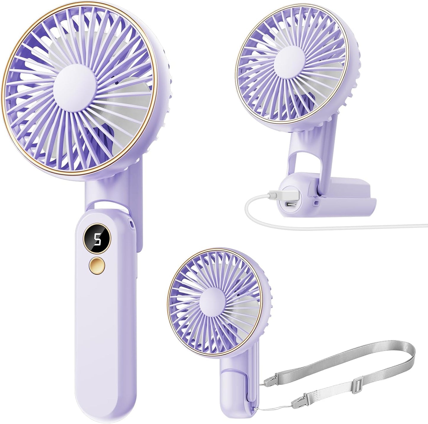 Skiennix Portable Handheld Fan - 180° Foldable USB Rechargeable Mini Fan | 5 Adjustable Speeds, LED Display, Purple