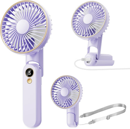 Skiennix Portable Handheld Fan - 180° Foldable USB Rechargeable Mini Fan | 5 Adjustable Speeds, LED Display, Purple