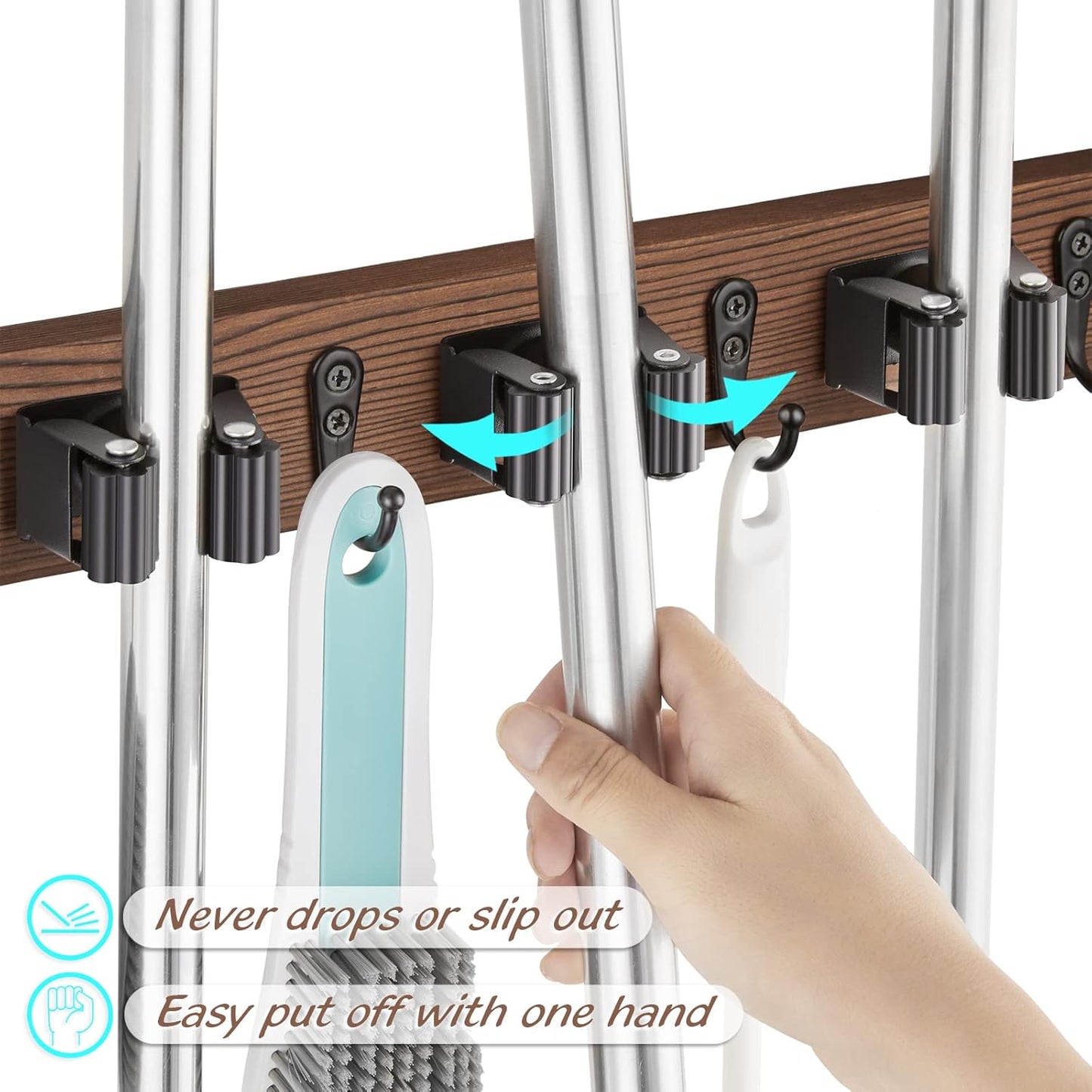 OUTNILI Mop Broom Holder Wall Mount - 3 Slots & 4 Hooks for Kitchen Organization | Rustic Farmhouse Decor