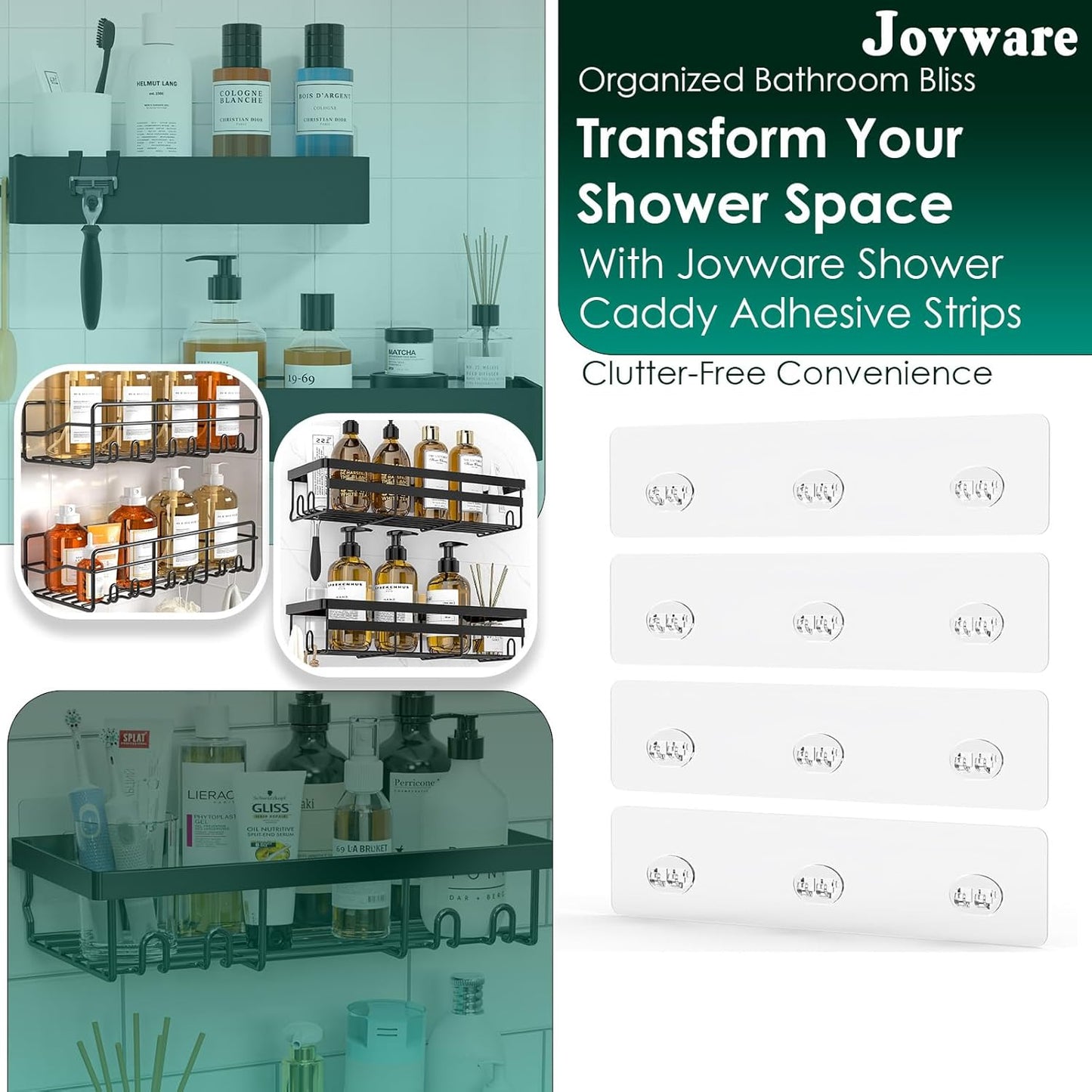 Skiennix Shower Caddy Adhesive Replacement Stickers - 4 Pack with 3 Hooks for Easy Installation
