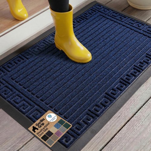 GORILLA GRIP Waterproof All-Season WeatherMAX Doormat - Natural Rubber, Stain & Fade Resistant, 29x17, Navy Greek Keys