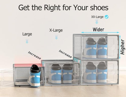 Kuject Shoe Storage Boxes - XX-Large Clear Plastic Organizers, Stackable 12-Pack for Closet & Under Bed, Grey