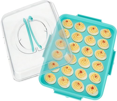Deviled Egg Containers - 24 Count Reusable Platter with Lid & Handle for Parties | Blue
