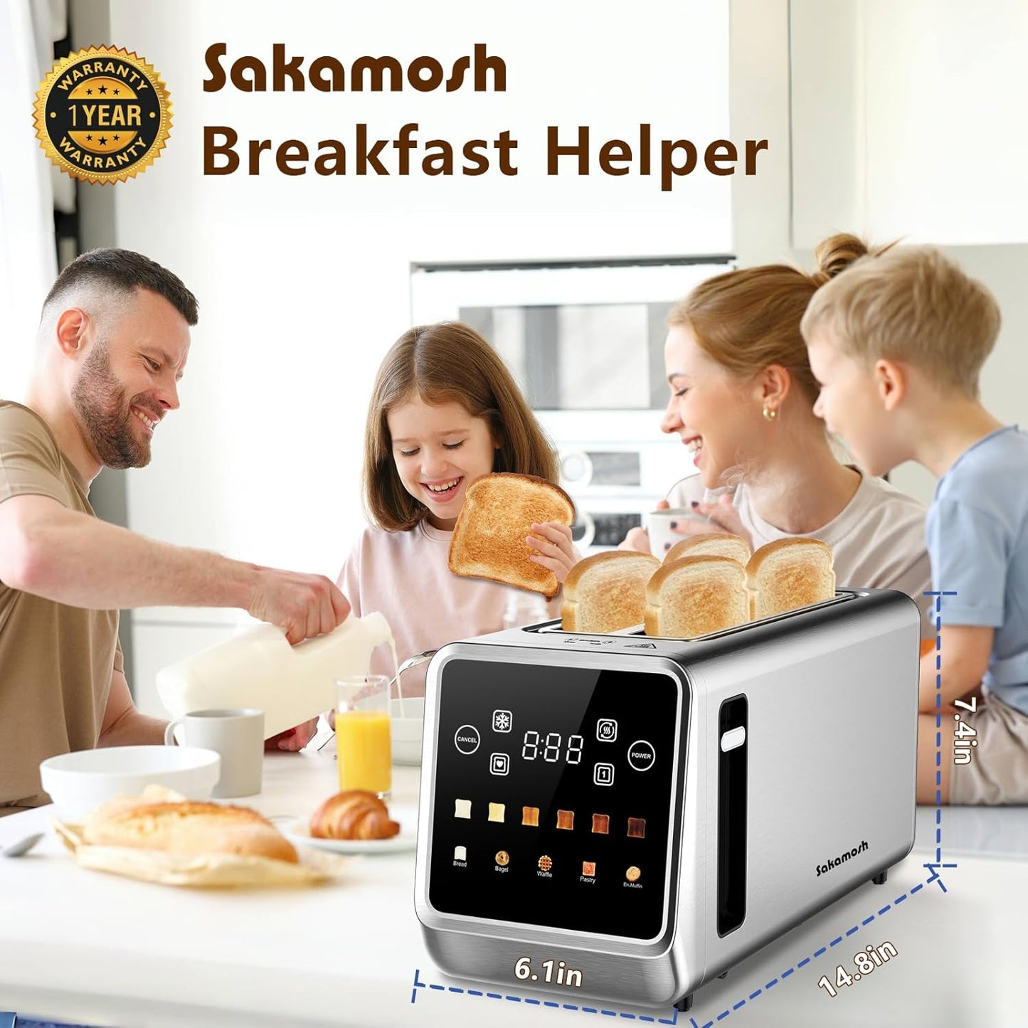 Smart Toaster 4 Slice - Touch Screen Digital Toaster with 6 Browning Levels & Extra Wide Slots | 1400W Stainless Steel