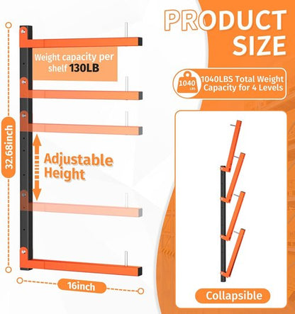Lumber Storage Rack - 4 Pack Adjustable Wall Mount | Heavy Duty Metal Holds Up to 1040 Lbs