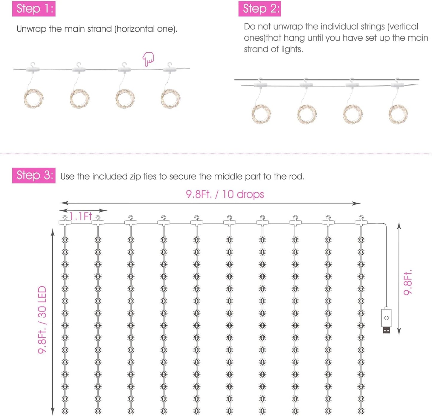 Minetom 300 LED Dimmable Fairy Curtain Lights - Remote & Timer, 8 Modes, USB Powered, Pink Indoor Decor