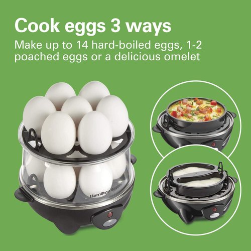 Hamilton Beach 3-in-1 Electric Egg Cooker - Hard Boiled, Poached, Omelet & Steamer, Holds 14, Black