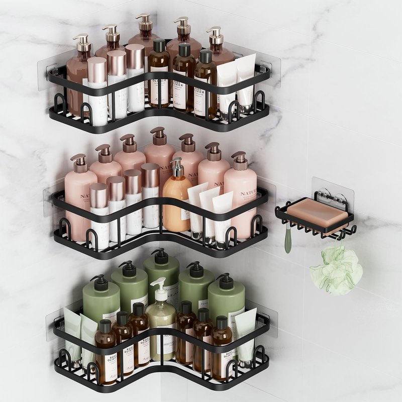 Veken Corner Adhesive Shower Caddy 4-Pack with Soap Holder&Hooks,No Drilling Shower Shelves,Rustproof & Waterproof Bathroom Organizers and Storage,Rack for Small Spaces, Kitchen&Rental-Friendly,Black