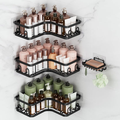 Veken Corner Adhesive Shower Caddy 4-Pack with Soap Holder&Hooks,No Drilling Shower Shelves,Rustproof & Waterproof Bathroom Organizers and Storage,Rack for Small Spaces, Kitchen&Rental-Friendly,Black