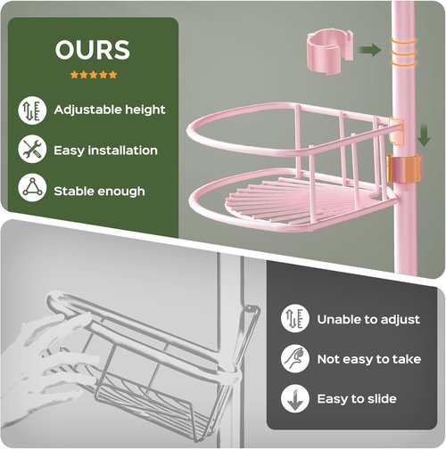 HAMITOR Corner Shower Caddy - 4-Tier Rust-Resistant Bathroom Organizer | Adjustable 47-121 Inch - No-Drill Installation - Space-Saving Pink Shelves