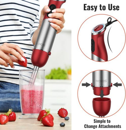 KOIOS 5-in-1 Hand Immersion Blender - 1000W, 12 Speed, Stainless Steel Blade, Red | Includes Mixing Beaker & Food Processor