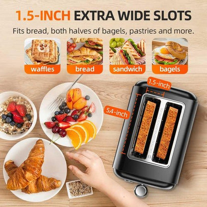 Black Stainless Steel Toaster - 2 Slice Extra Wide Slot for Bagels & Bread | 7 Shade Settings & Removable Crumb Tray