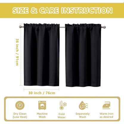 OWENIE Black Kitchen Curtains 36 Inch Length, Short Blackout Small Thermal Insulated Cafe Curtains Tier Over Sink Rod Pocket Half Window for Bathroom Bedroom Camper RV Bunk, 2 Panels, Each 30" Wx36 L