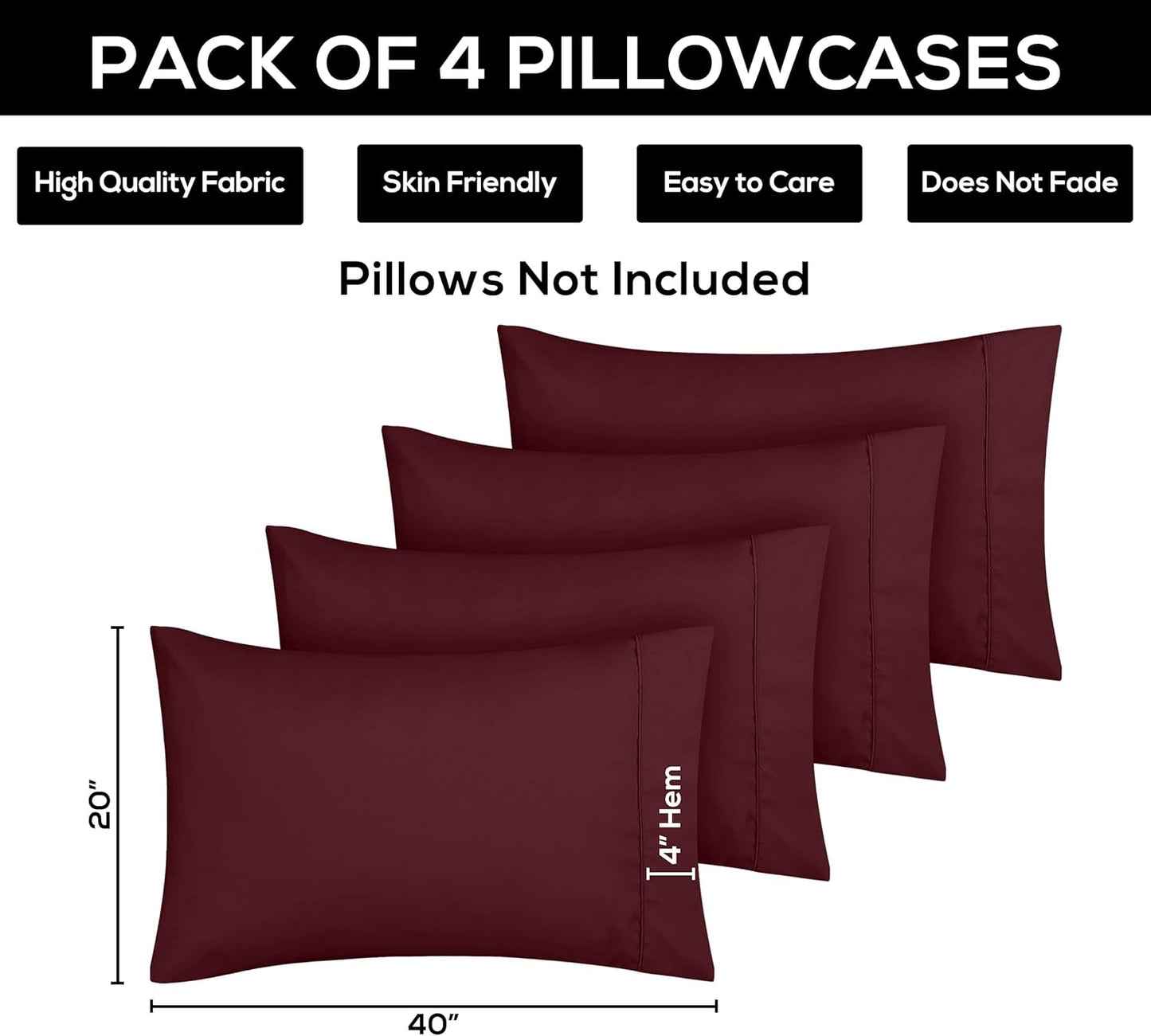 Utopia Bedding King Pillow Cases - Soft Brushed Microfiber - 4 Pack, 20 x 40 Inches, Burgundy