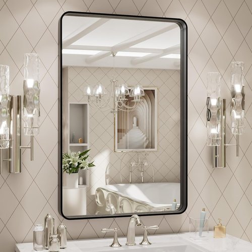 LOAAO Black Metal Framed Bathroom Mirror - Large Rounded Rectangle, Anti-Rust, 20x30 Inch | Hangs Horizontally or Vertically