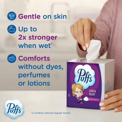 Puffs Ultra Soft Facial Tissues, 4 Family Size Boxes, 124 Facial Tissues per Box, Allergies and Colds