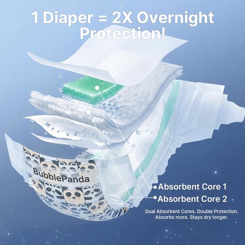BubblePanda Overnight Diapers - Nighttime Protection with Dual Absorbent Core | Size 3, 76 Count