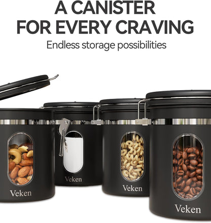 Veken Coffee Canister - Airtight Stainless Steel Storage with Window & Date Tracker | 16oz Black