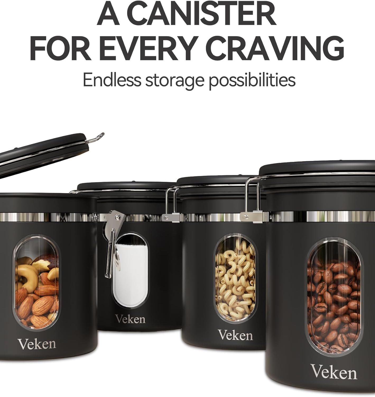 Veken Coffee Canister - Airtight Stainless Steel Storage Container with Window & Date Tracker | 16oz, Black