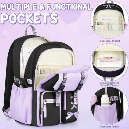 Fimibuke Girls Backpack Set - 3 PCS Waterproof with Lunch Box & Pencil Case | Perfect for School & Travel