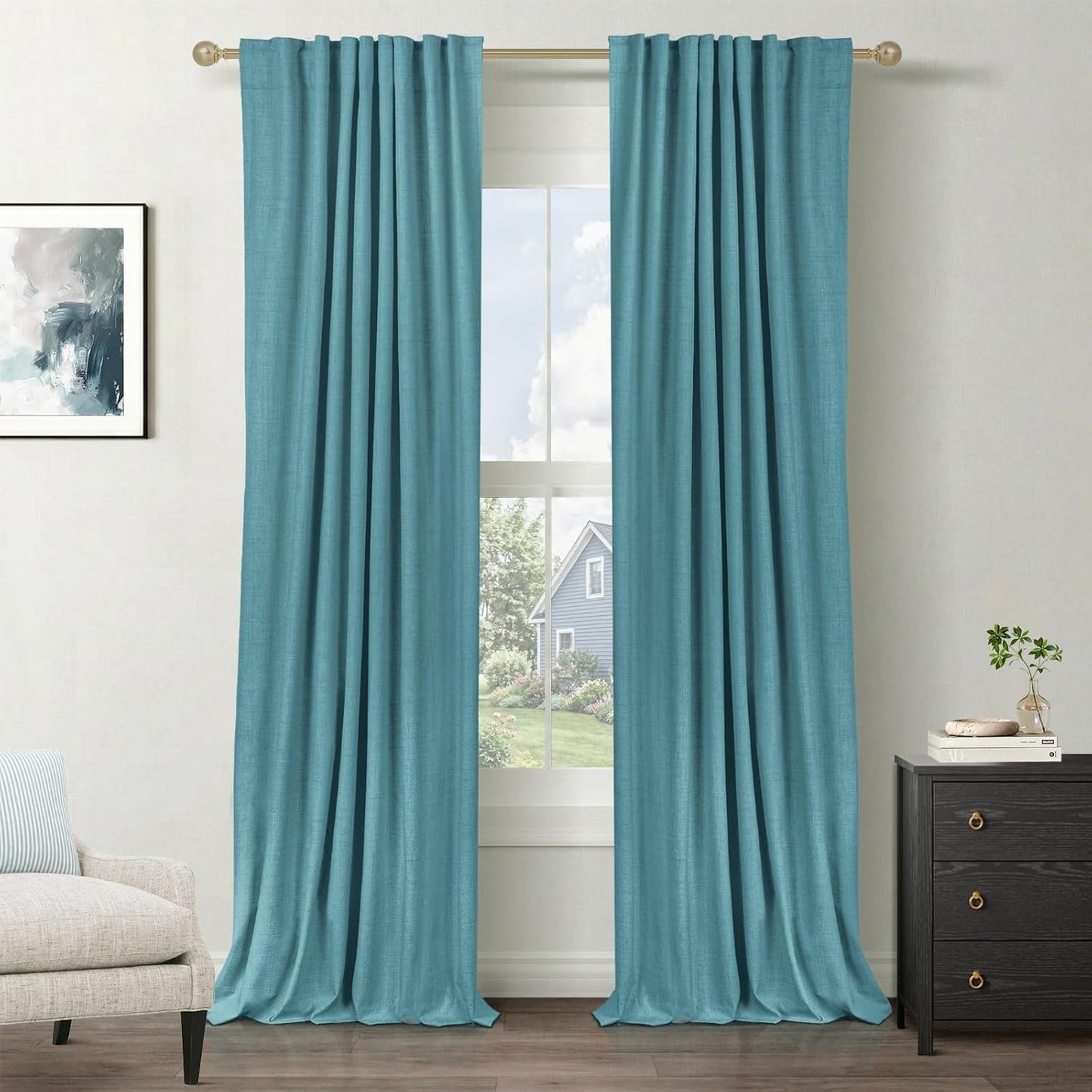 Skiennix 100% Blackout Linen Curtains - Thermal Insulated Drapes, 2 Panels Set, 50" W x 84" L, Dark Cyan