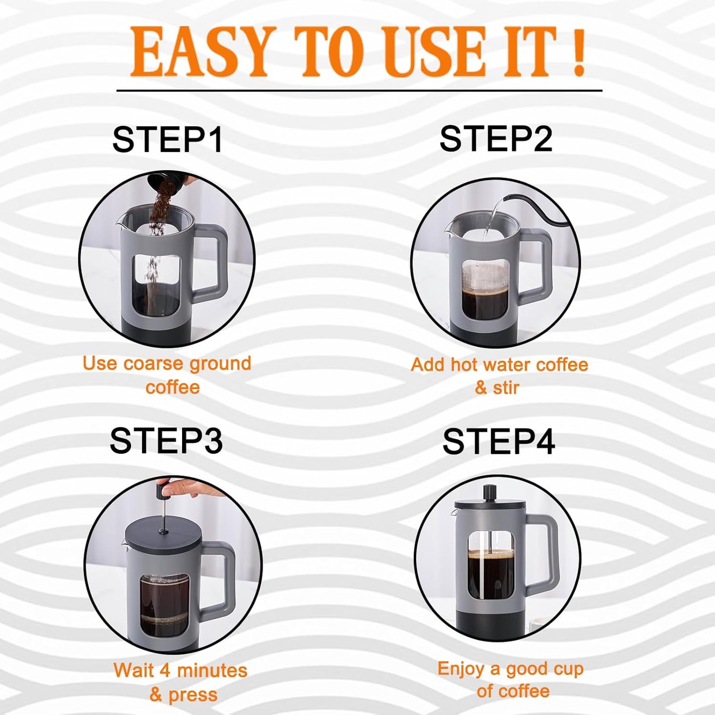 YOLIFE French Press Coffee Maker - 21 oz Heat-Resistant Borosilicate Glass | Portable Grey & Black Design
