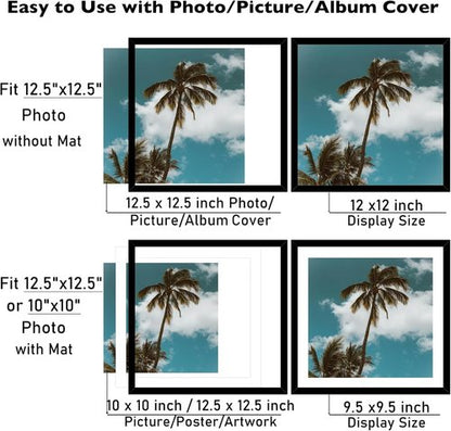 JCJMY 9 Pack Vinyl Record Frames - 12.5x12.5 with 10x10 Mat for Album Cover Display | Black