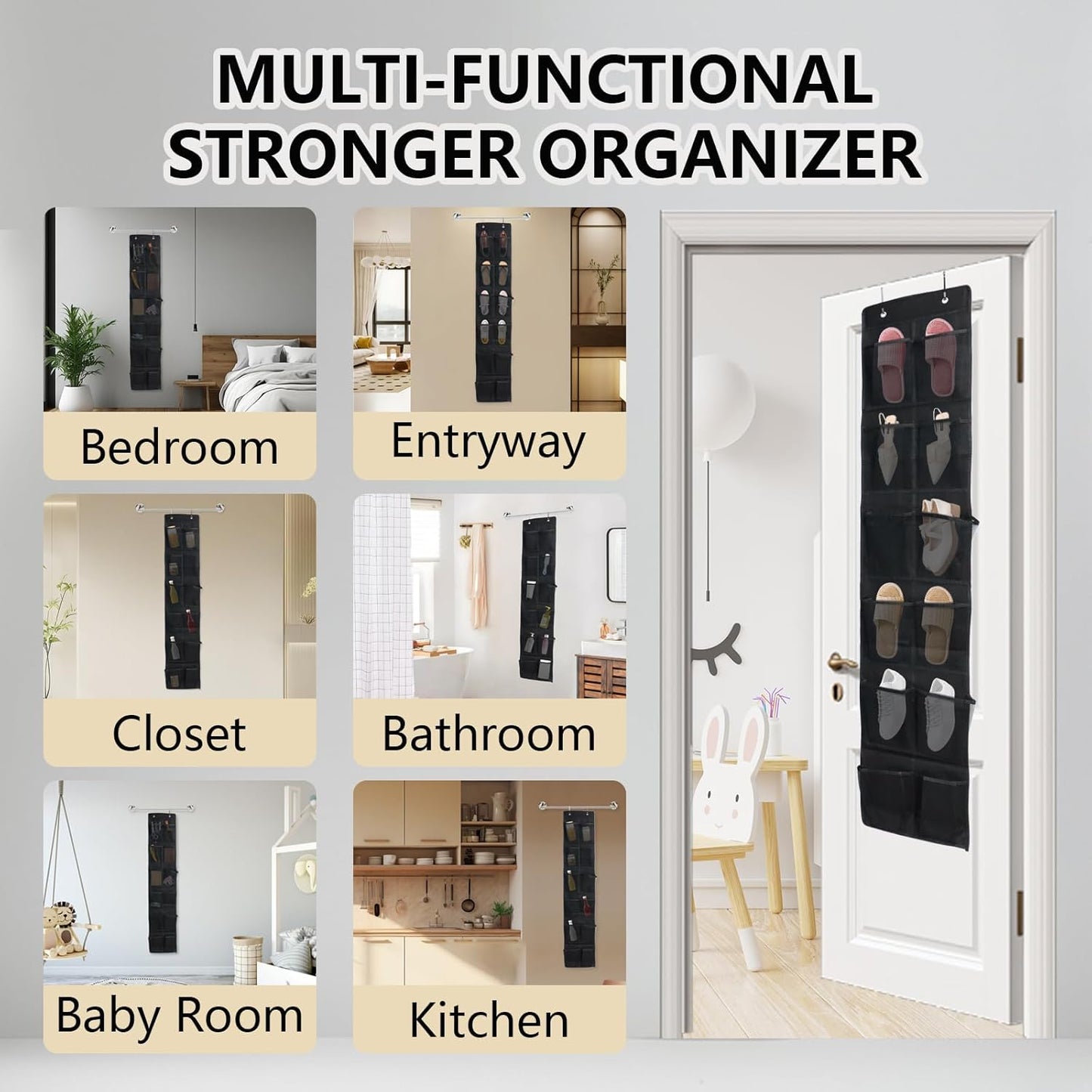 Over The Door Shoe Organizer - 12 Mesh Pockets for Easy Storage | Includes 4 Metal Hooks (Black)