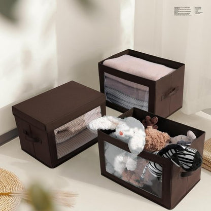 Homsorout Stackable Storage Bins - Medium Foldable Closet Organizer with Lids | 5-Pack Brown