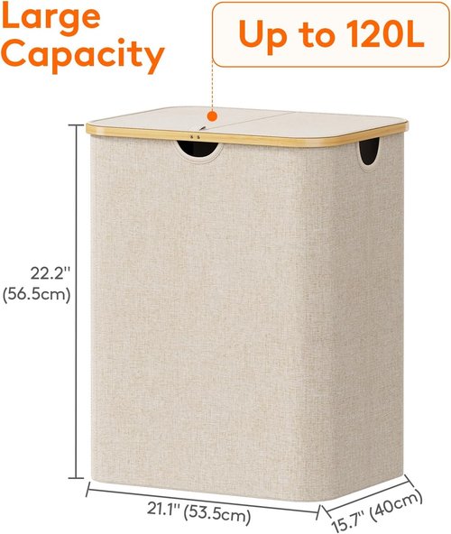 Lifewit 120L Laundry Basket - Foldable Hamper with Lid & Bamboo Handles | Beige, Large Capacity
