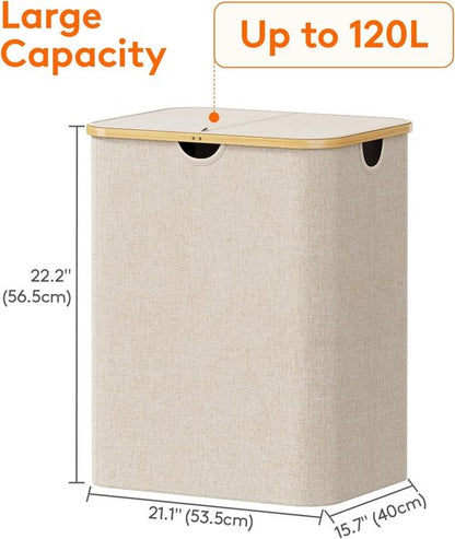 Lifewit 120L Laundry Basket - Foldable Hamper with Lid & Bamboo Handles | Beige, Large Capacity