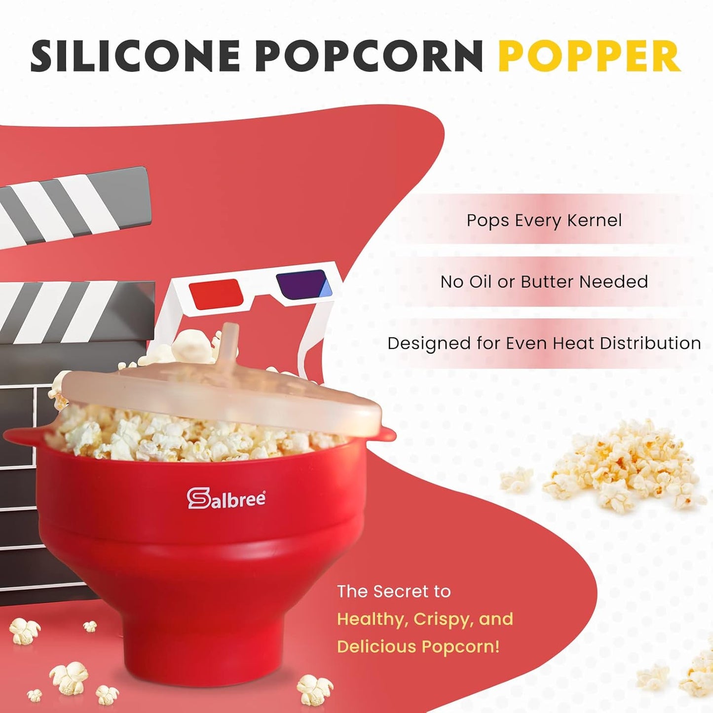 Salbree Collapsible Silicone Microwave Popcorn Popper - 16 Cup Capacity, Versatile & Colorful Options (Red)