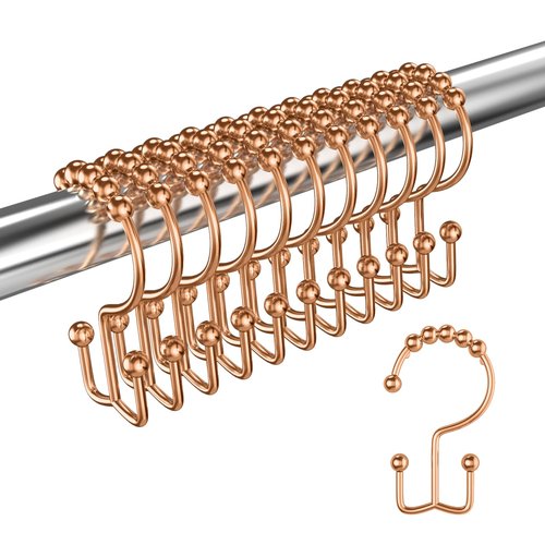LBYOJKD Double Sided Shower Curtain Hooks with Smooth Gliding Roller Balls, Rustproof Metal Hooks for Curtain and Liner, Set of 12 for Standard and Curved Shower Rods - Rose Gold