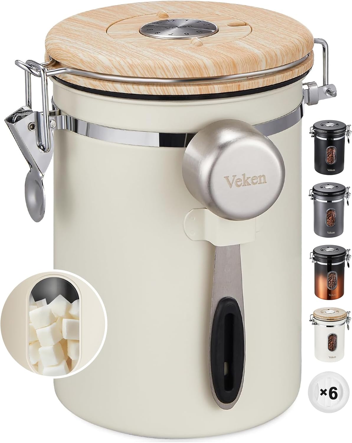 Veken Coffee Canister - Airtight Stainless Steel Storage Container with Window & Date Tracker | 22oz Cream