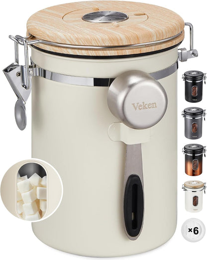Veken Coffee Canister - Airtight Stainless Steel Storage Container with Window & Date Tracker | 22oz Cream