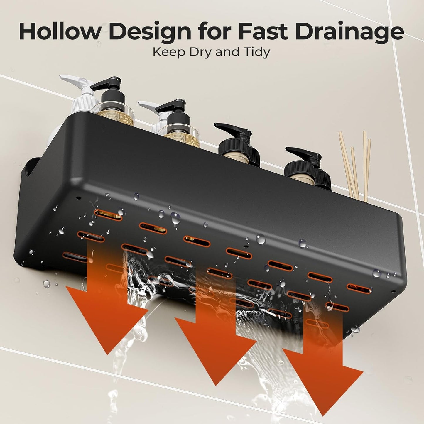 Orimade Shower Caddy 3-Pack - No-Drill Adhesive Shelves with 4 Hooks | Rustproof ABS Plastic, Black