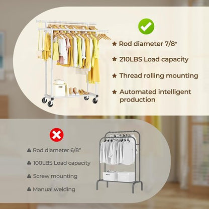 HYSEYY Rolling Clothing Rack - Sturdy Double Rod Wardrobe Rack for Bedroom & Laundry | White