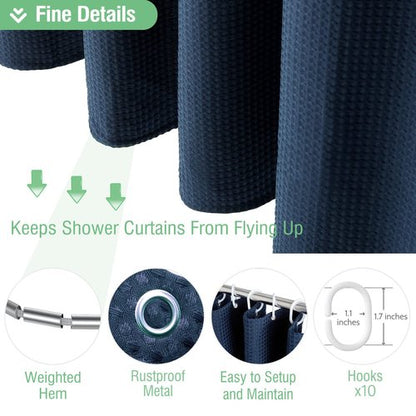 Dynamene 60 inch Stall Shower Curtain - Waffle Weave Heavy Duty Thick Fabric Shower Curtains for Bathroom,Weighted Hotel Spa Luxury Cloth Bath Curtain Set with 10 Plastic Hooks,60x72, Navy Blue