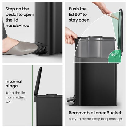 Cesun Small Bathroom Trash Can with Lid Soft Close, Step Pedal, 6 Liter / 1.6 Gallon Stainless Steel Garbage Can with Removable Inner Bucket, Anti-Fingerprint Finish (Matt Black)
